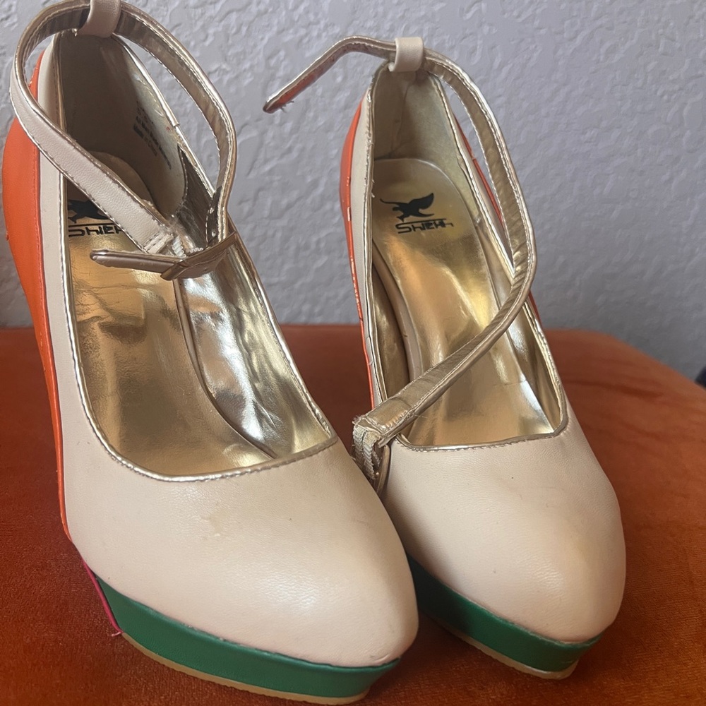 Cream and Multicolor Platform Mary Jane Pumps